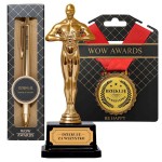 Zestaw prezentowy dla nauczyciela na podziękowanie statuetka długopis medal w torebce