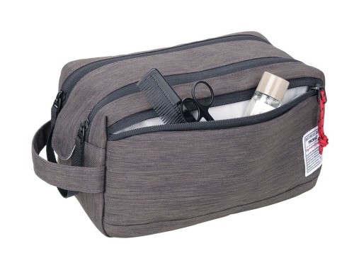 Kosmetyczna podróżna TROIKA "BUSINESS WASHBAG 2" dwa zamki i magnes do zamykania, z paskiem na nadgarstek, wodoodporna, poliester, Czarny/Szary