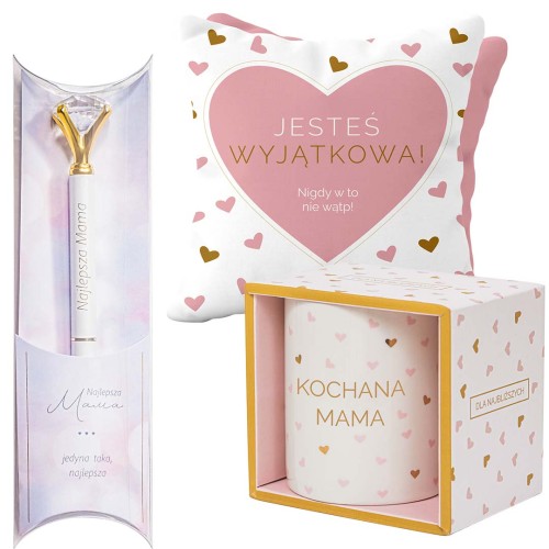 Zestaw prezentowy dla Mamy z poduszką kubkiem oraz białym długopisem z diamentem