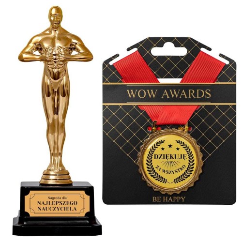 Zestaw prezentowy dla nauczyciela na podziękowanie statuetka i medal w torebce
