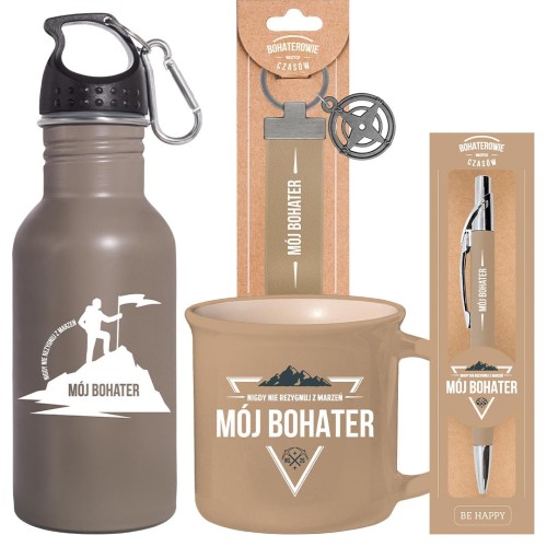 ZESTAW BOHATEROWIE  MÓJ BOHATER (Kubek, długopis, brelok, butelka, torebka)