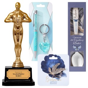 Zestaw upominkowy dla Babci Najlepsza Babcia z kubek, łyżka, statuetka, broszka, długopis i brelok