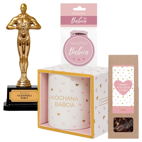 Zestaw prezentowy dla Babci na Dzień Babci kubek herbata statuetka medal w torebce